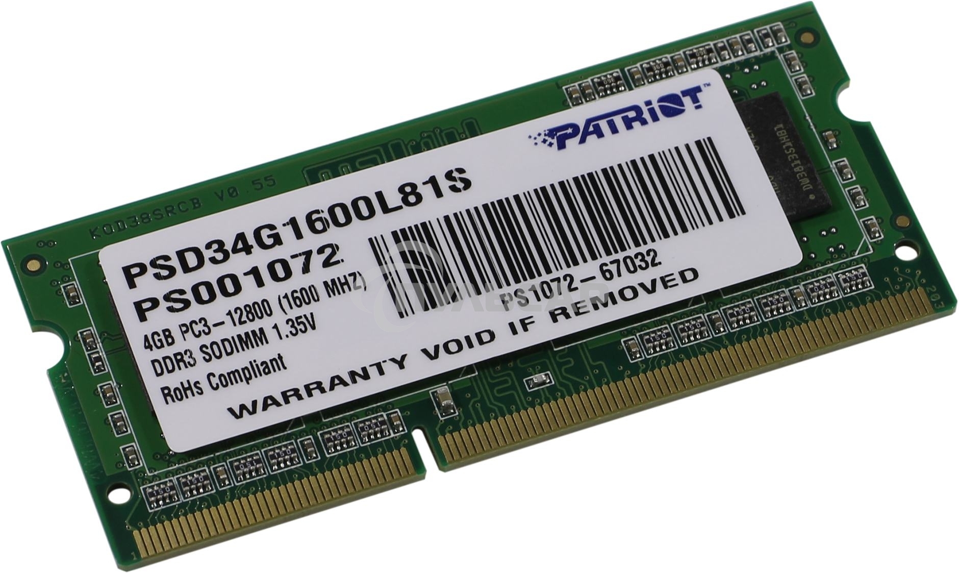 Оперативная память Patriot, DDR3L, 4Gb (1x4 Gb), 1600 MHz, CL11, SO-DIMM