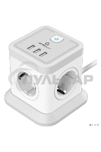 Сетевой фильтр Cablexpert Tower, TWR-4-U3-W-3, 4р, 10А, 3xUSB, 3.1А, 3м, ур.защиты 2+, белый, коробка
