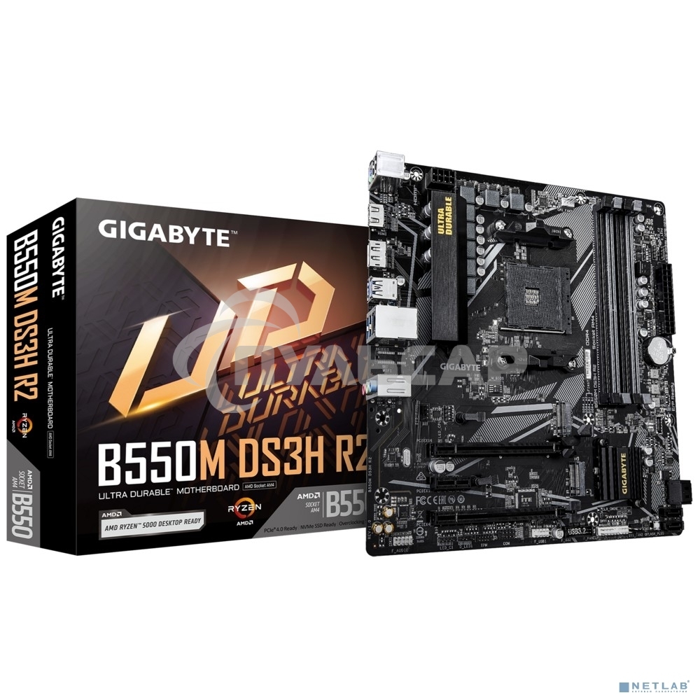 Материнская плата Gigabyte B550M DS3H R2, AM4, AMD B550, 4xDDR4, 4xSATA, 2xM.2, 1xPCIe 4.0 x16, 1xPCIe 3.0 x4, 1xPCIe 3.0 x1, 1xDP, 1xHDMI, 1x1Gb LAN, 4xUSB-A 5Gbps, 2xUSB-A 2.0, 3x3.5 мм, 7.1, mATX