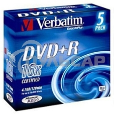 Диск DVD+R Verbatim 4.7Gb 16x Slim case (5шт) Color (43556)