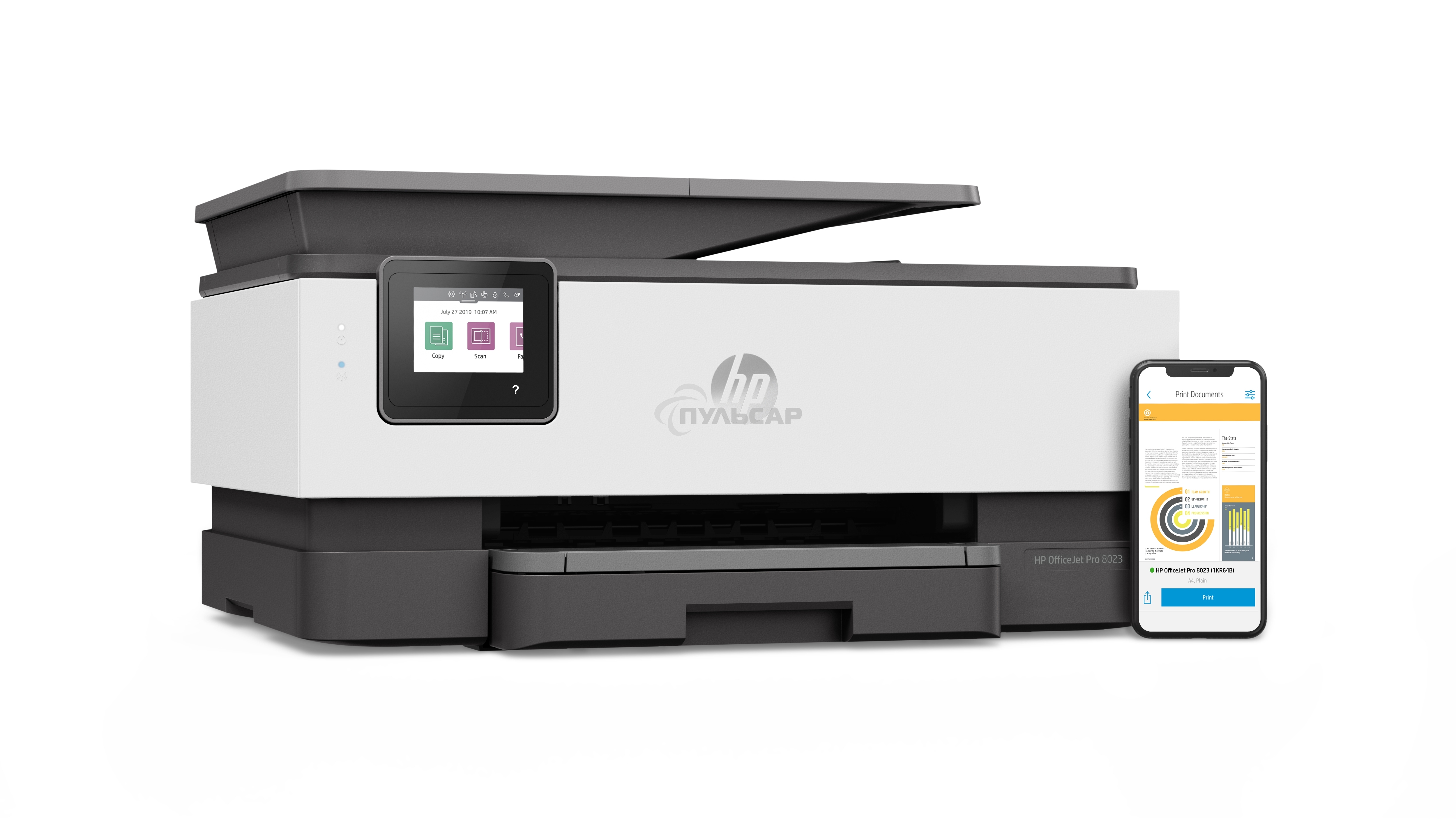 МФУ струйное HP OfficeJet 8023 (1KR64B), A4, цвтной, печ. до 20 стр/мин. (ч/б), до 10 стр/мин. (цвет), скан. до 8 стр/мин. (ч/б) 3.5 стр/мин. (цвет), 1200 x 1200 dpi, USB, RJ-45, Wi-Fi, Air Print