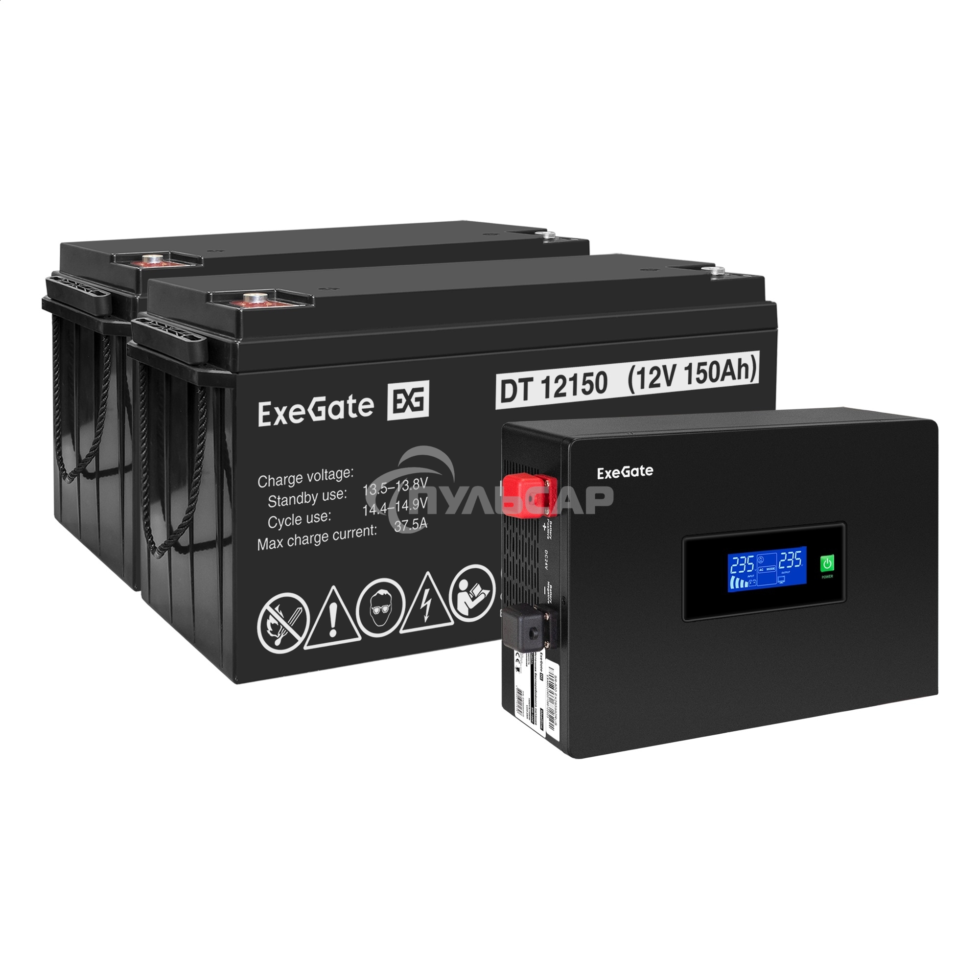 Комплект ИБП EX295994RUS + батарея 150Aч EX282990RUS 2шт (инвертор, синус, для котла, PF=1, настенный) ExeGate IdealSine SR-1500.LCD.2SH  1500VA/1500W, чистая синусоида, цветной LCD-дисплей, 2*Schuko, крепление настенное, Black + батарея ExeGate DT 12150 