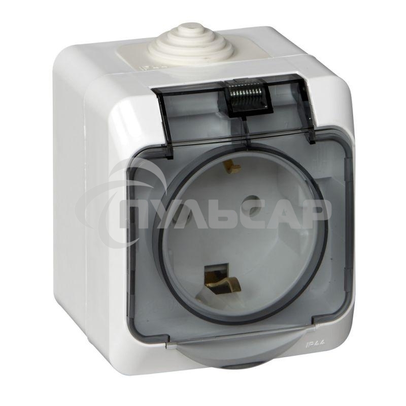Розетка 1-м ОП Этюд 16А с защ. крышкой защ. шторки с заземл. IP44 белый  SchE PA16-044B