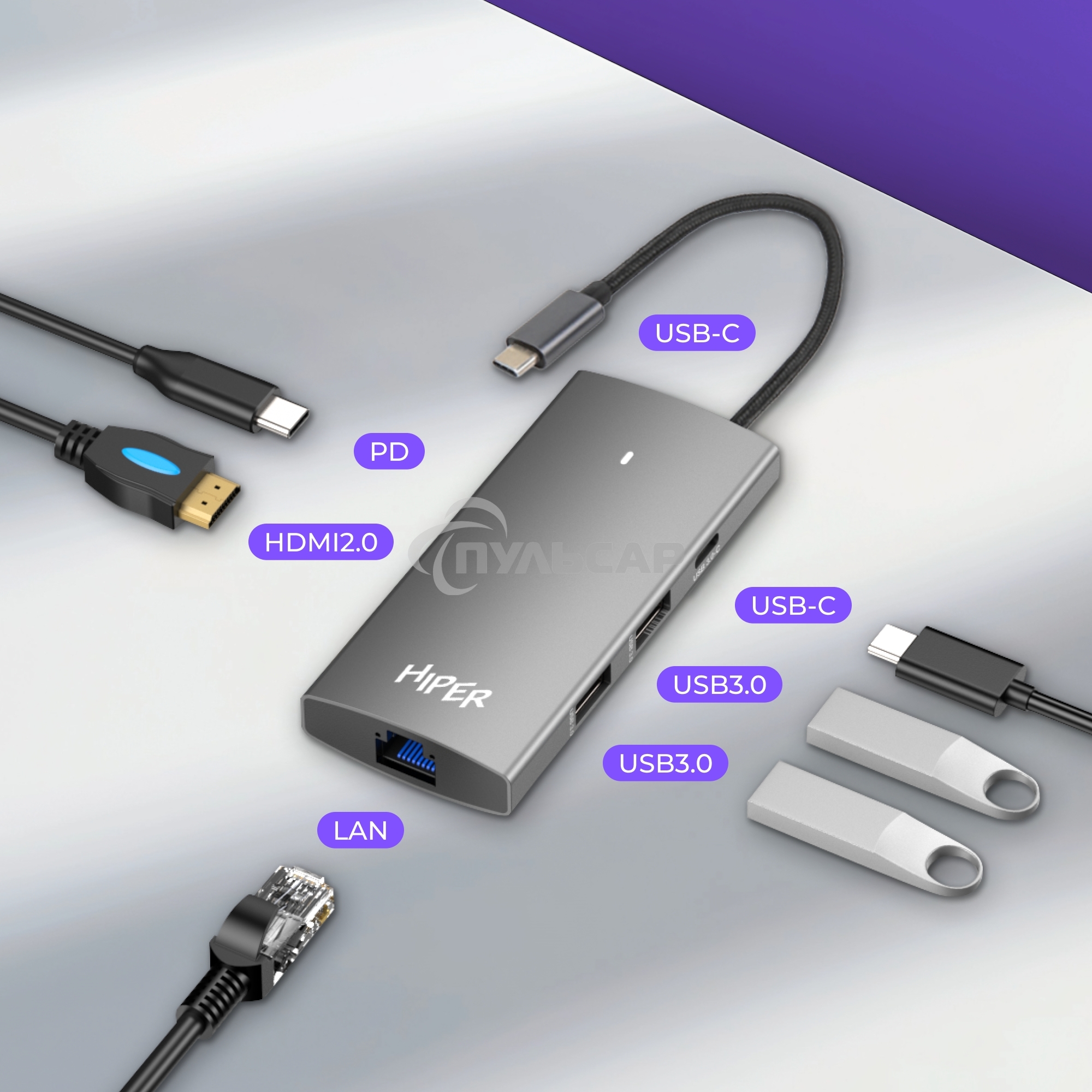 Док-станция HIPER Docking station USB-C HUB 6in1 (1*USB-C 100W PD, 1*HDMI 4K@60Hz, 2*USB-A 3.0 (5Gbps data), 1*USB-C 3.0 (5Gbps data), 1*RJ45 Gb)
