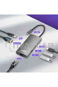 Док-станция HIPER Docking station USB-C HUB 6in1 (1*USB-C 100W PD, 1*HDMI 4K@60Hz, 2*USB-A 3.0 (5Gbps data), 1*USB-C 3.0 (5Gbps data), 1*RJ45 Gb)