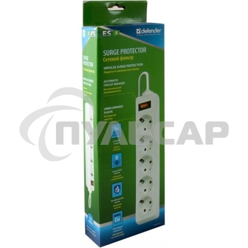 Сетевой фильтр Defender ES 99481 белый, 1.8 м, EURO, 5 розеток, 2200 Вт