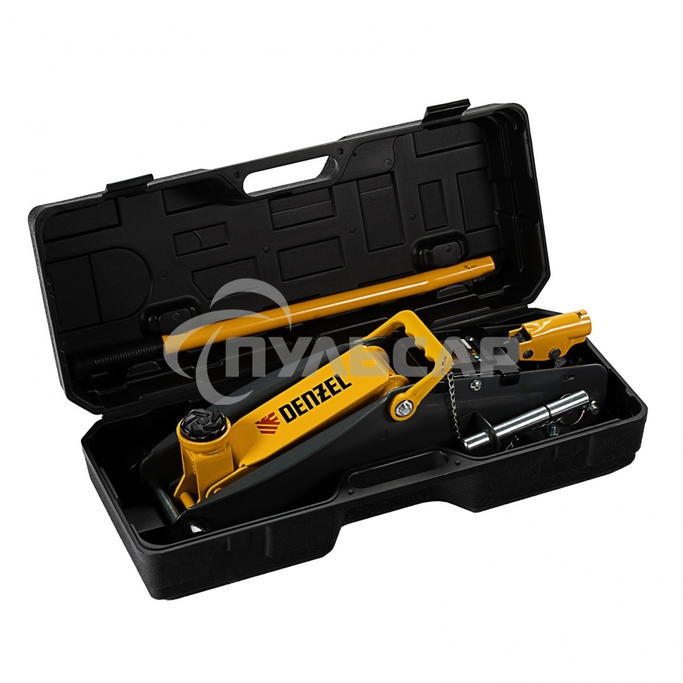 Домкрат гидравлический подкатной с фиксатором Denzel 2,8 т, 135-385 мм, в кейсе 51156