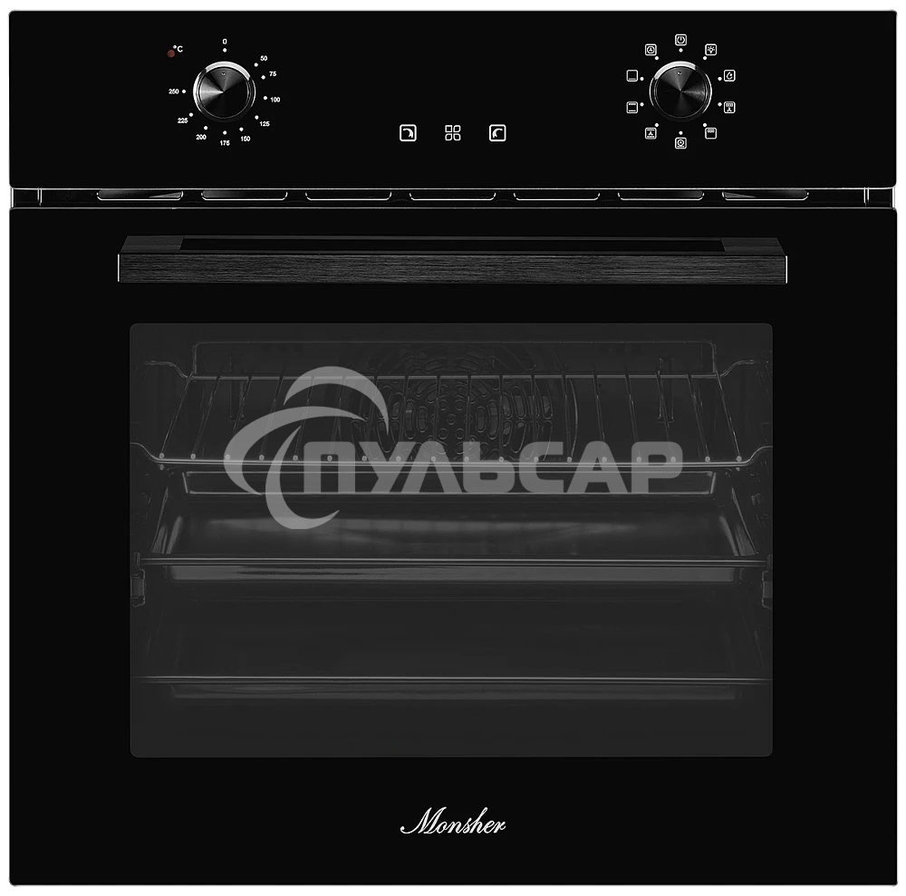 Встраиваемый электрический духовой шкаф MONSHER MOE 6092 Noir, 9 режимов: Традиционный нагрев, Макси-Гриль, Макси-Гриль с конвекцией, Нижний нагрев, Разморозка, Традиционный нагрев с конвекцией, Режим подсветка, Конвекция, Режим пицца, утапливаемые поворо