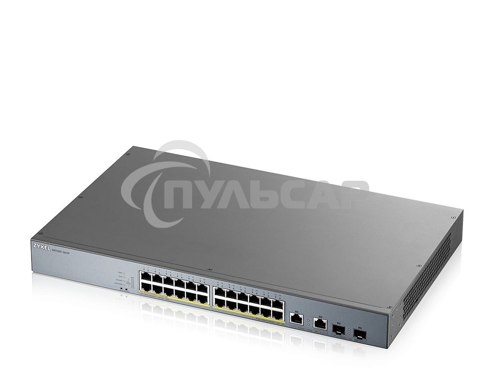 Коммутатор Zyxel GS1350-26HP, 24xGE PoE+, 2xCombo (SFP/RJ-45), бюджет PoE 375 Вт, дальность передачи питания до 250 м, автоперезагрузка PoE-портов, повышенная защита от перенапряжений и электростатических разряд