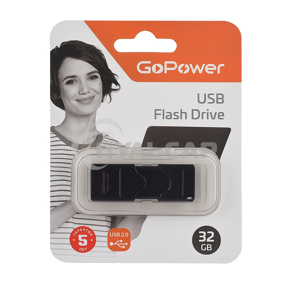 Флешка USB GoPower SLIDER (00-00025964), 32 Gb, USB 2.0, R/W 20/10, черный матовый