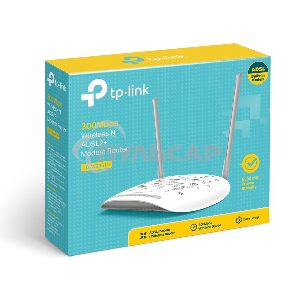 Сетевое оборудование TP-Link SOHO TD-W8961N(RU) 300 Мбит/с, 2T2R, ADSL2/ADSL+, Annex A, 4 порта 100 Мбит/с