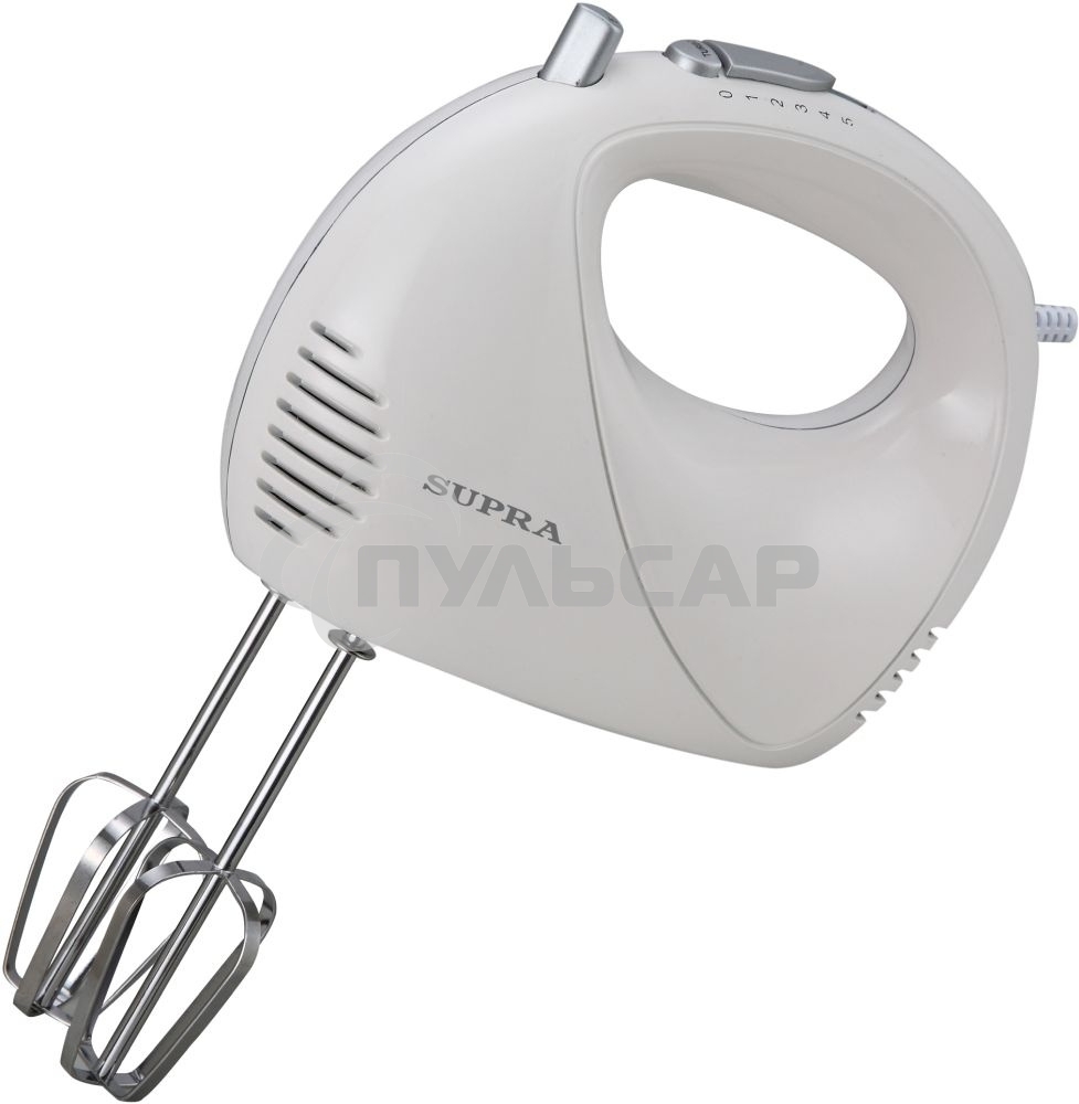 Миксер SUPRA MXS-527 500 Вт.Режим Турбо. 5 скоростей. Две насадки: для взбивания яиц и крема и для замеса тяжелого теста. белый.
