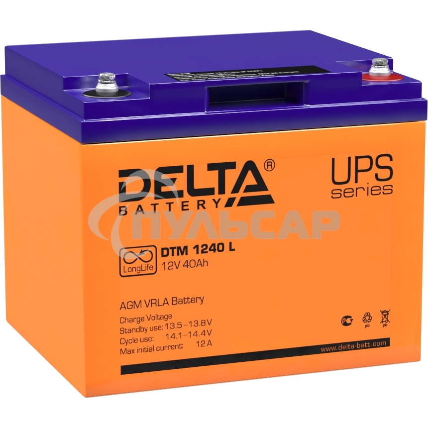 Батарея Delta DTM 1240 L (12V, 40Ah) с увеличенным сроком службы (10 лет)