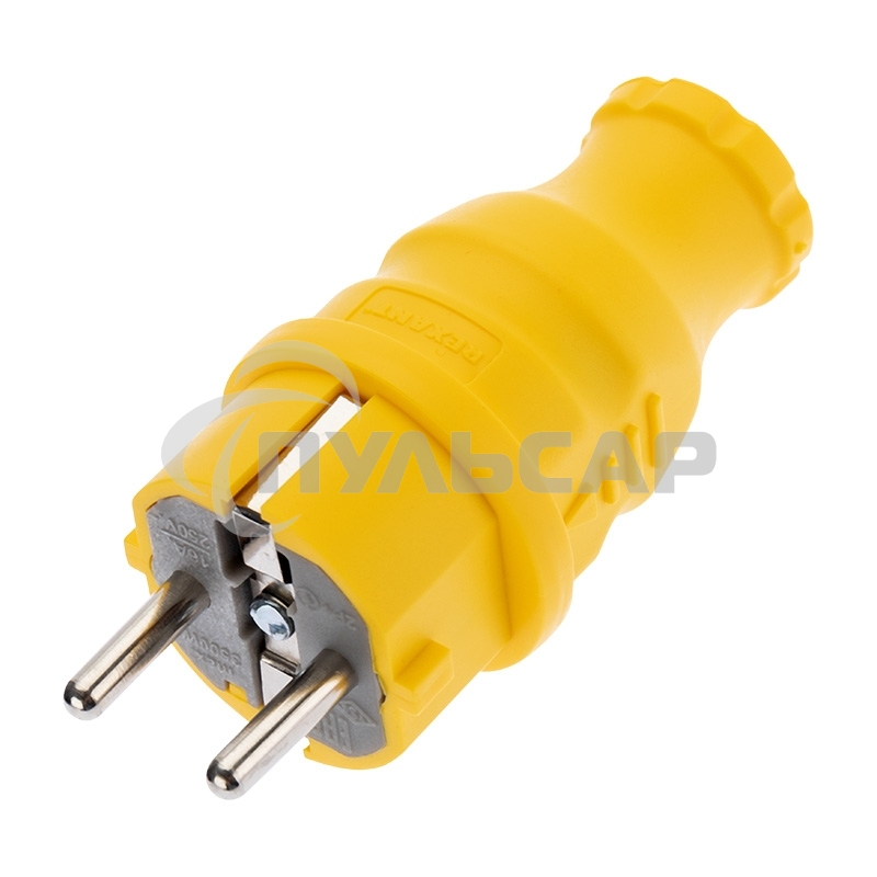 Вилка прямая влагозащищенная, c/з, 16А. IP44, каучук желтая Rexant