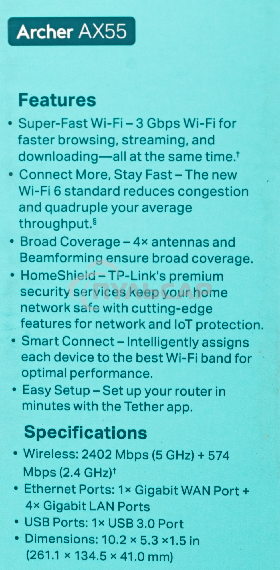 Роутер беспроводной TP-Link Archer AX55 AX3000 10/100/1000BASE-TX черный