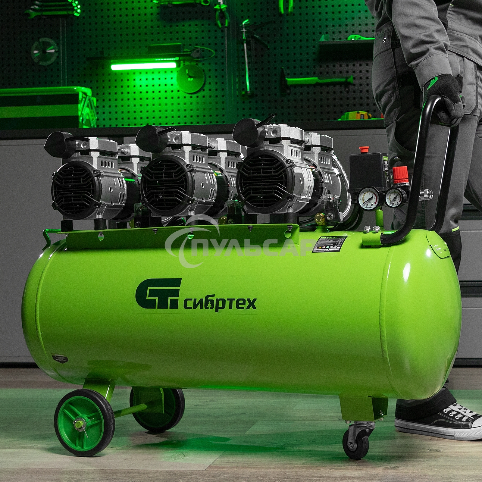 Компрессор безмаслянный малошумный МБ 2250/100, 2250 Вт, 100л, 400 л/мин Сибртех