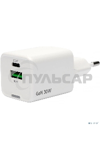 Зарядное устройство Cablexpert MP3A-PC-63, 30Вт GaN, 3А, QC4.0/PD, 1xUSB, 1xType-C, белый, пакет
