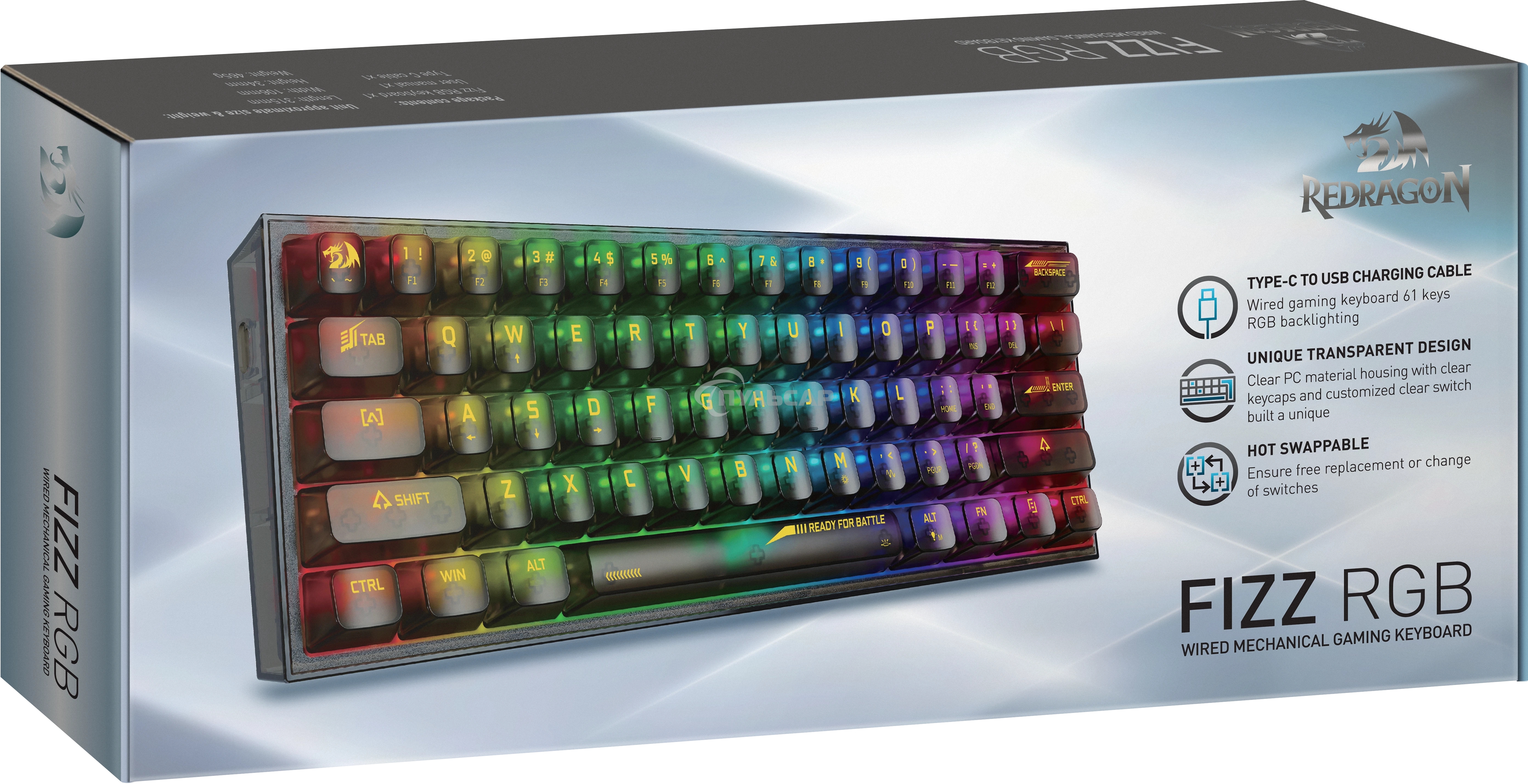 Клавиатура проводная игровая Redragon Fizz прозрачно-черная (USB, +ICE, 61 кл., RGB подсветка)