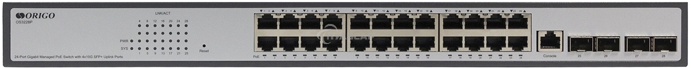 Коммутатор ORIGO Managed L3 Switch 24x1000Base-T PoE, 4x10Gbase-X SFP+, PoE Budget 370W, RJ45 Console, 19