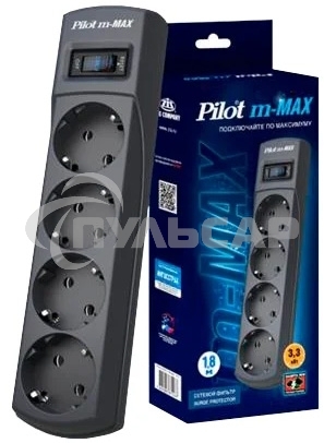 Сетевой фильтр ZIS Pilot m Max 4 розетки (евро с заземлением), 15А/3.3кВа, автомат, 7 м, черный Surge protector Pilot m Max 4 euro outlets, 15А/3.3кВа, 7m, black
