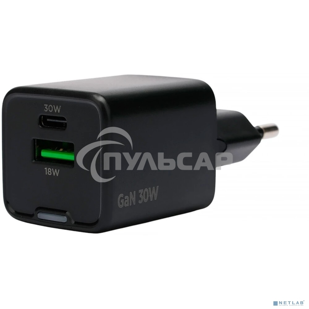 Зарядное устройство Cablexpert MP3A-PC-64, 30Вт GaN, 3А, QC4.0/PD, 1xUSB, 1xType-C, черный, пакет