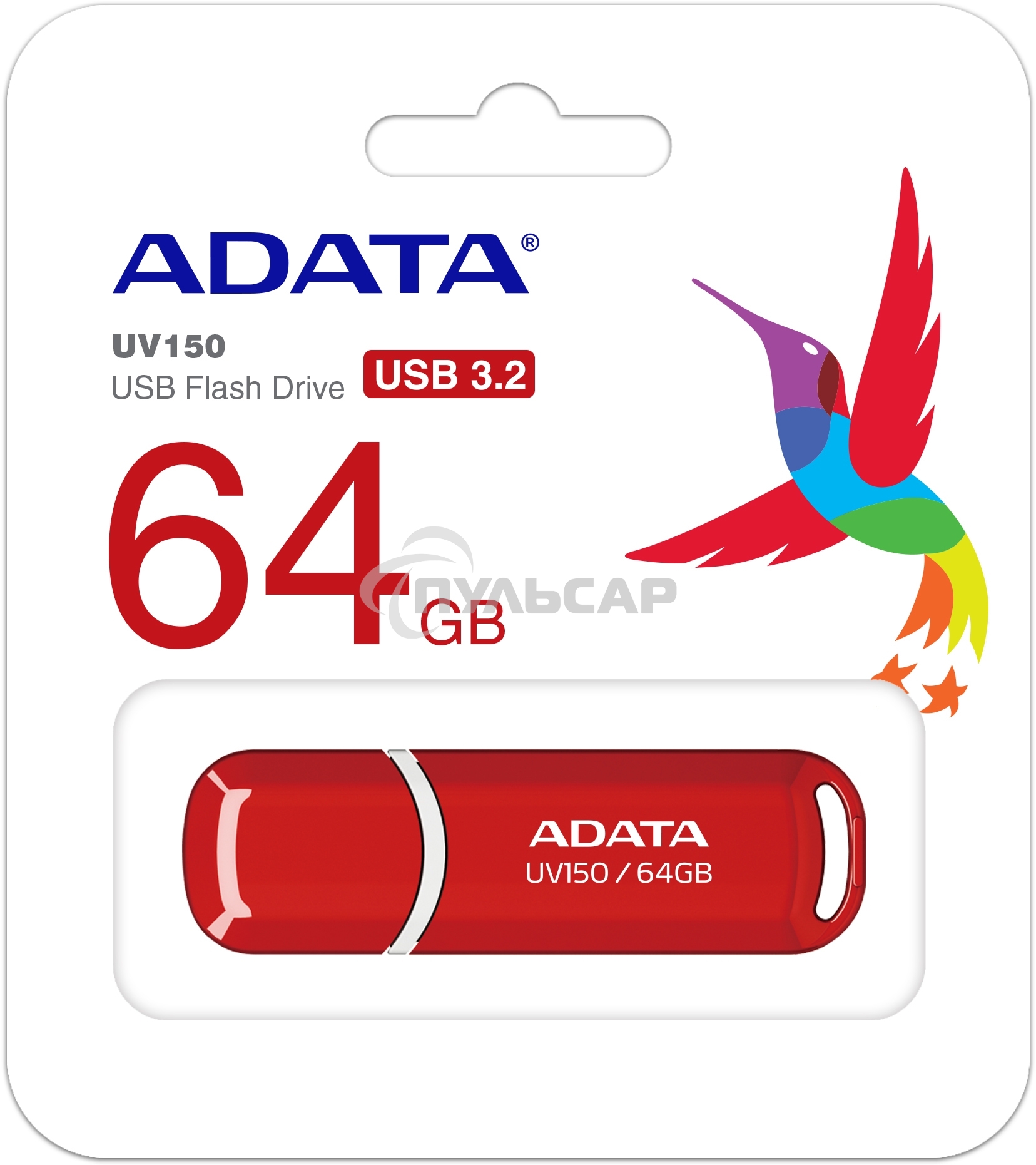 Флешка USB ADATA UV150 (AUV150-64G-RRD), 64 Gb, USB 3.0, R/W 100/30, красный