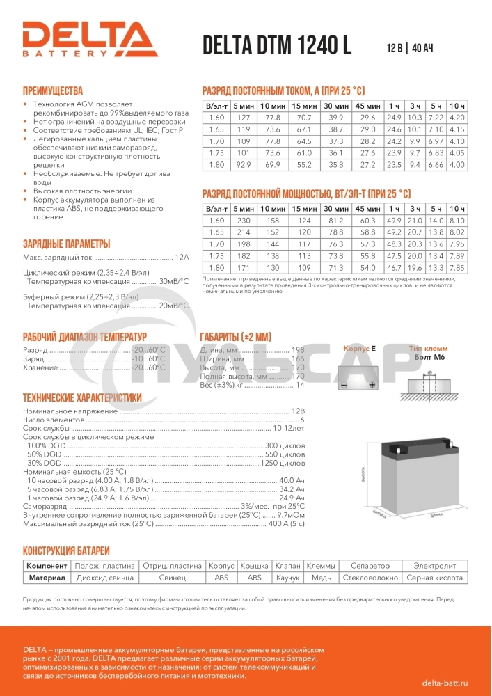 Батарея Delta DTM 1240 L (12V, 40Ah) с увеличенным сроком службы (10 лет)