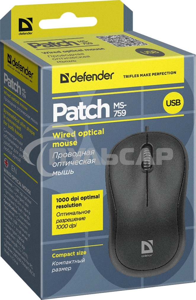 Мышь проводная Defender Patch MS-759 черный, 1000 dpi, USB, кнопки - 3
