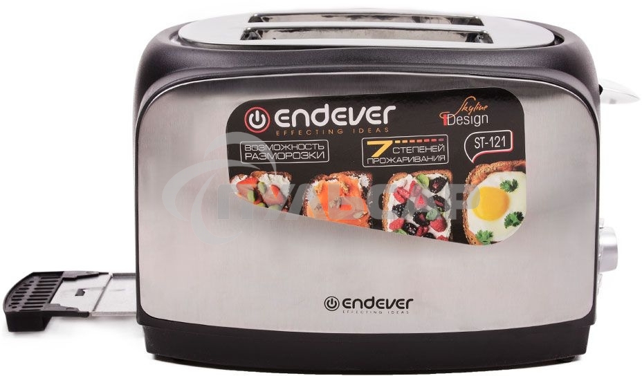 Тостер Endever Skyline ST-121 стальной, мощность -900 Вт, 3 режима работы, 7 регулировок поджаривания, 2 отсека для загрузки тостов, автоцентрирование тостов, механический тип управления, LED-подсветка на кнопках, термоизолированный корпус, отсек для хран