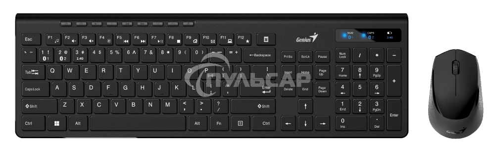 Комплект беспроводной Genius Smart KM-8230 черный, клавиатура+мышь, USB, 1 мини-ресивер на оба устройства. Клавиатура: 104 клавиши кнопка SmartGenius, клавиши т