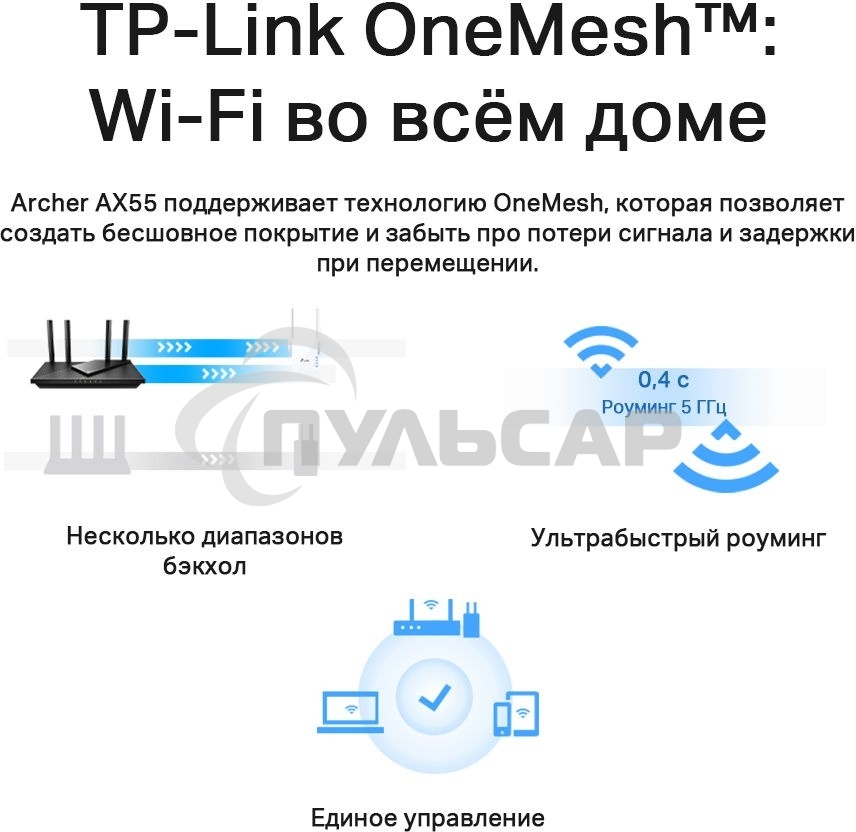 Роутер беспроводной TP-Link Archer AX55 AX3000 10/100/1000BASE-TX черный