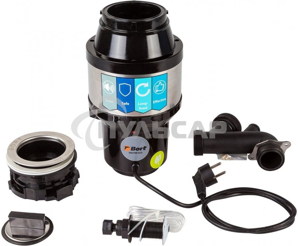 Измельчитель пищевых отходов Bort MASTER ECO (91275752) Число ступеней измельчения 2 ; Система шумоизоляции Да ; Мощность 390 Вт; Объем камеры 1000 мл; Материал камеры Металл ; Система защиты от перегрузки и заклинивания; Скорость холостого хода 2600 об/м