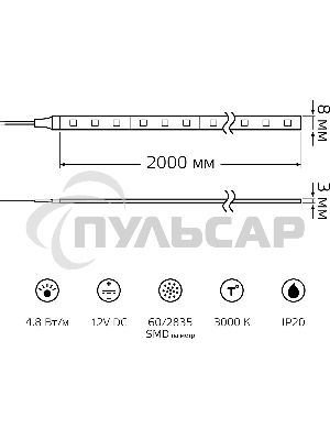 Лента светодиодная Basic Gauss 12V 4,8W/m 312lm/m 3000K IP20 LED 2m 1/120