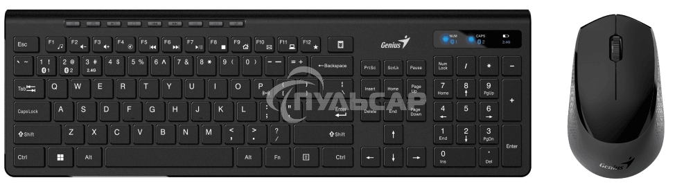 Комплект беспроводной Genius Smart KM-8230 черный, клавиатура+мышь, USB, 1 мини-ресивер на оба устройства. Клавиатура: 104 клавиши кнопка SmartGenius, клавиши т