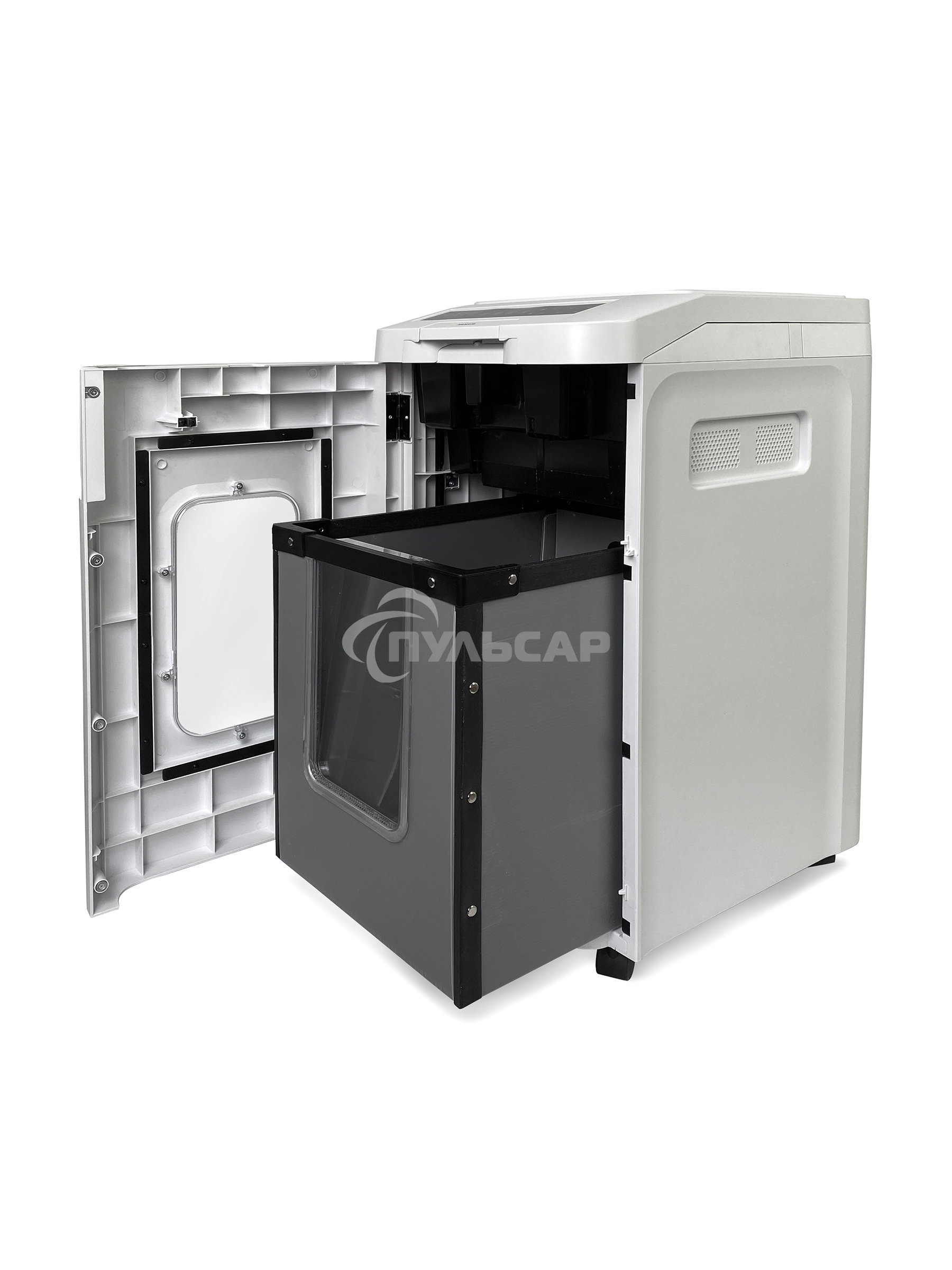 Уничтожитель документов ГЕЛЕОС АП55-5, DIN P-5 (5 ур-нь секр.), фрагмент 1,9х12мм, АВТОПОДАЧА 400 лист (70г/м2), пл.карты/скрепки/скобы, 55 литров