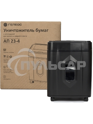 Шредер Heleos АП23-4 черный с автоподачей (секр.P-4) фрагменты 145лист. 23лтр. скрепки скобы пл.карты