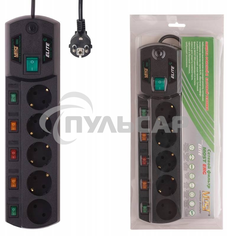 Сетевой фильтр Most ERG 2м (5 розеток) черный (коробка)