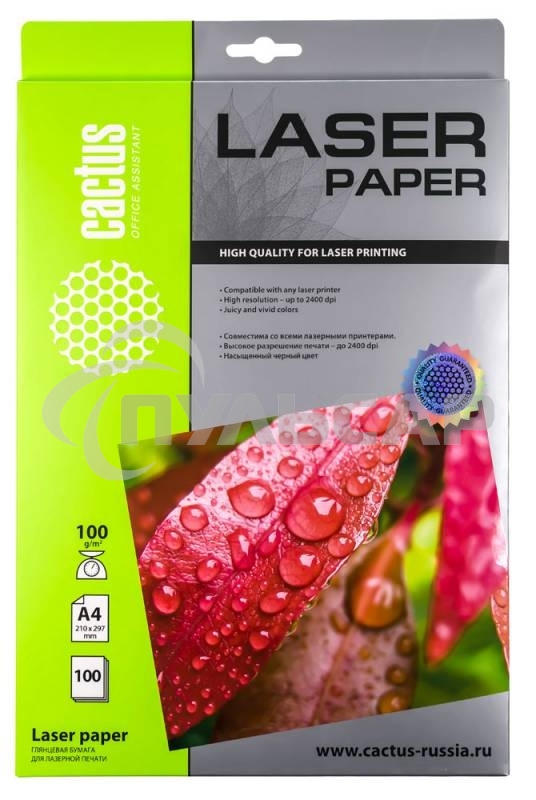 Фотобумага Cactus CS-LPA4100100 A4/100г/м2/100л./белый глянцевое для лазерной печати