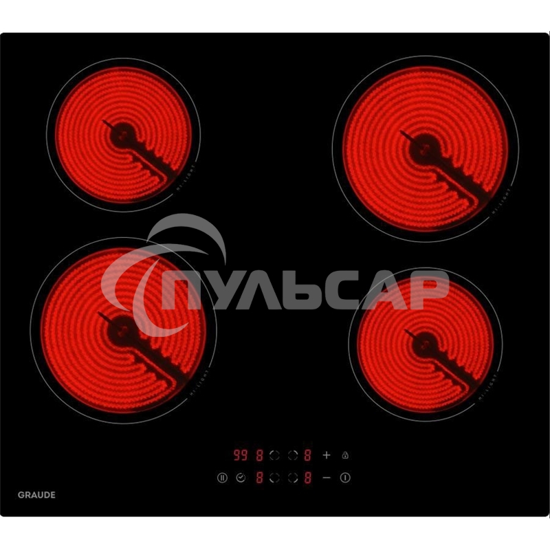 Встраиваемая электрическая панель Graude Встраиваемая электрическая панель Graude/ 60 см, Электрическая, стеклокерамика, 5.1 х 59 х 52 см, 9 ступеней нагрева, Функция таймера, Индикация нагрева, Индикация красного цвета, Автоматическое отключение, защита 