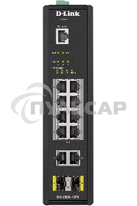 Промышленный управляемый коммутатор D-Link DIS-200G-12PS/A2A 2 уровня с 10 портами 10/100/1000Base-T и 2 портами 1000Base-X SFP (8 портов с поддержкой PoE 802.3af/802.3at (30 Вт), PoE-бюджет до 240Вт)
