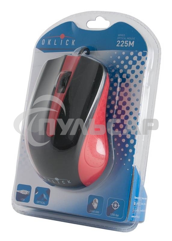 Мышь проводная Oklick 225M черный/красный, 1200 dpi, USB, кнопки - 3