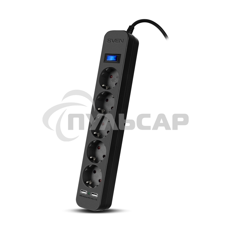 Фильтр SVEN SF-05LU 5.0 м (5 евро розеток,2*USB(2,4А)) черный, цветная коробка Surge protector SVEN SF-05LU 5.0 м (5 евро розеток,2*USB(2,4А)) черный, цветная коробка