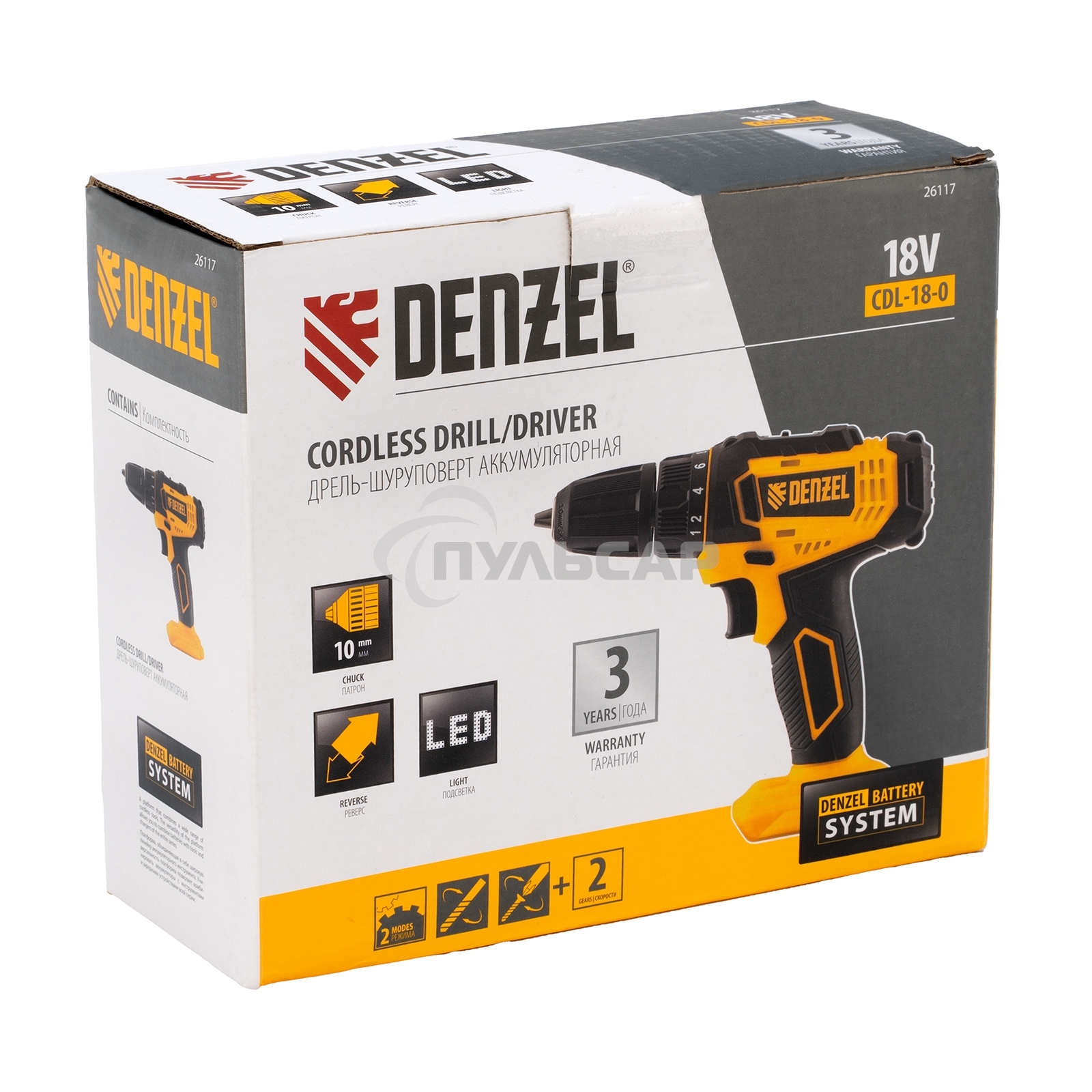 Дрель-шуруповерт Denzel CDL-18-0, Аккумуляторная, 18В, Без АКБ и ЗУ