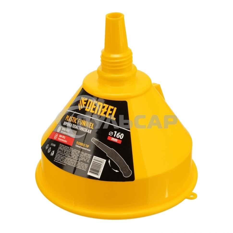Воронка пластиковая Denzel 160 мм с металлическим ситом, непроливайкой и гибким наконечником