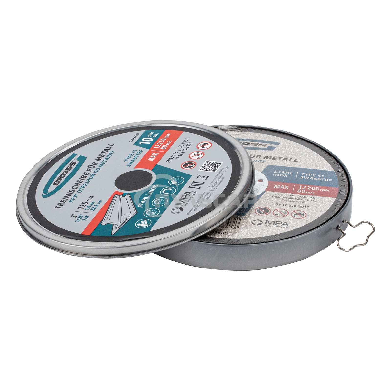 Круг отрезной по металлу Gross WA60TBF 125х1.0х22.2мм, в метал.банке, 10 шт. 743680