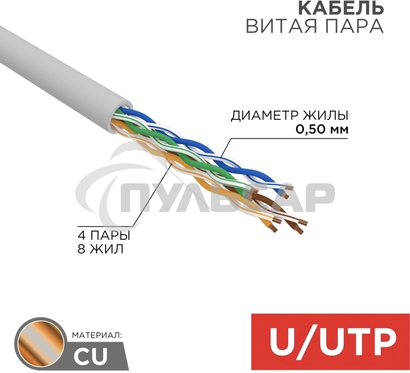 Кабель UTP Rexant 4PR 24AWG, CU (медь), CAT5e, 100 МГц, PVC, серый, бухта 50 м