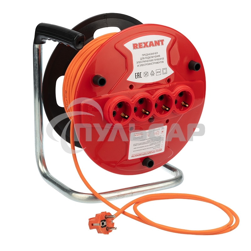 Удлинитель-шнур на катушке Rexant ПВС 3х1.0, 50 м, 4 гнезда, с/з, 10 А, 2200 Вт, IP20, оранжевый (Сделано в России)