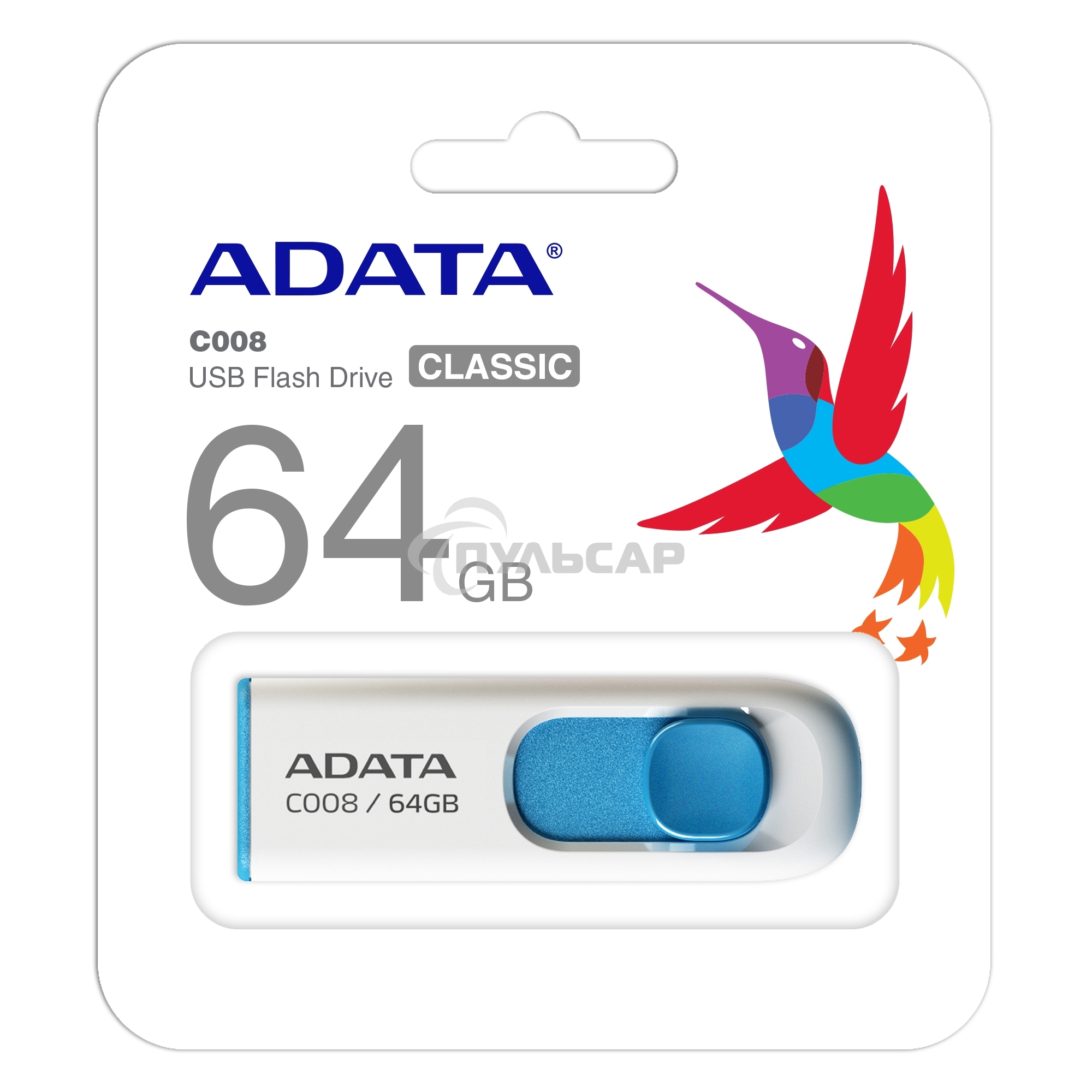 Флешка USB ADATA С008 (AC008-64G-RWE), 64 Gb, USB 2.0, R/W 15/5, белый/синий