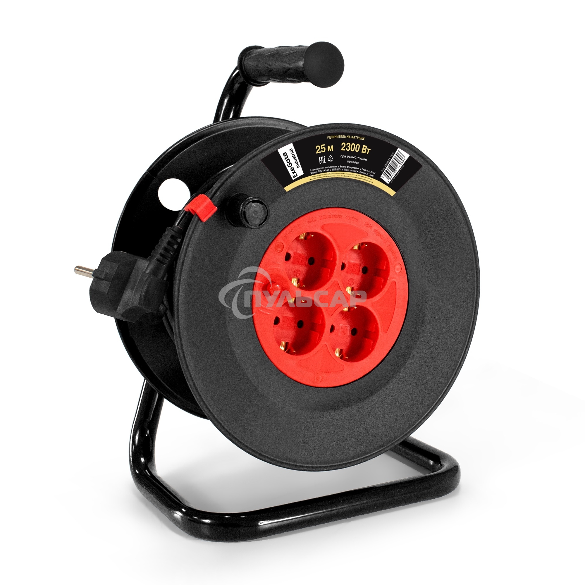 Удлинитель на катушке ExeGate industrial ECS-10-3-25 (4 евророзетки с заземлением, IP20, 25м, защита от детей, защита от перегрузки, 3х1,0мм2, 10А/2.3кВт)