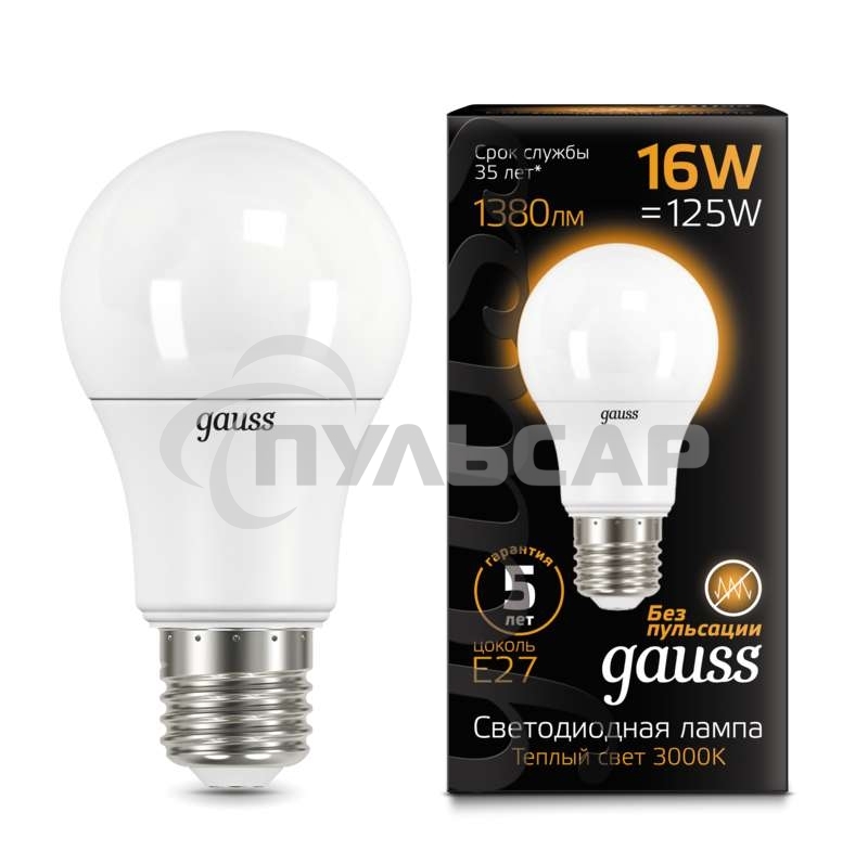 Лампа светодиодная Gauss LED A60 16W E27 1380lm 3000K 1/10/50 102502116